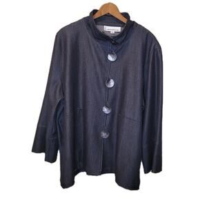 Caroline Rose Dark Metallic Button Up Long Sleeve Jacket 1X Pockets Lagenlook